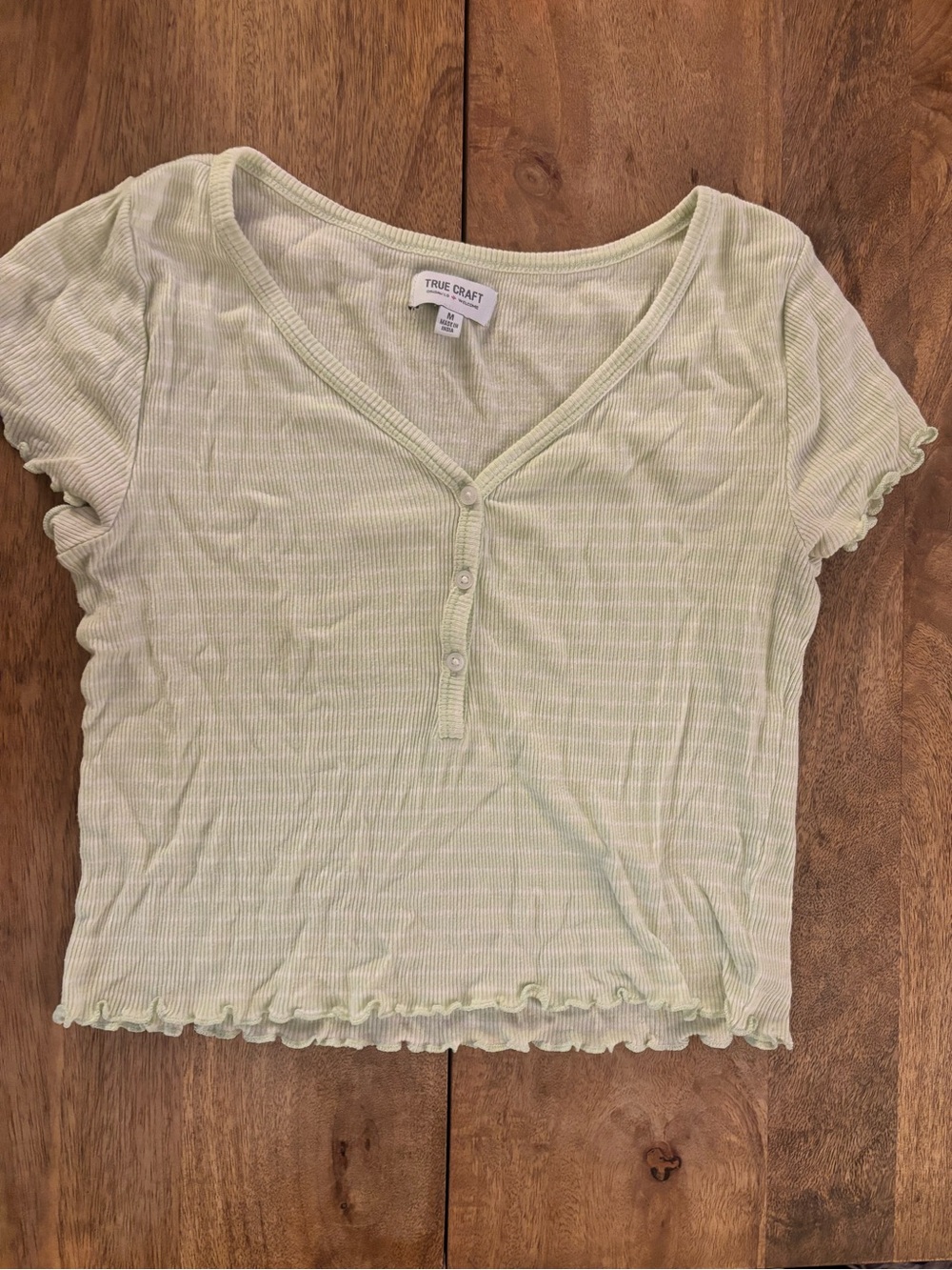 True Craft Pale Green Ribbed Henley Crop Top